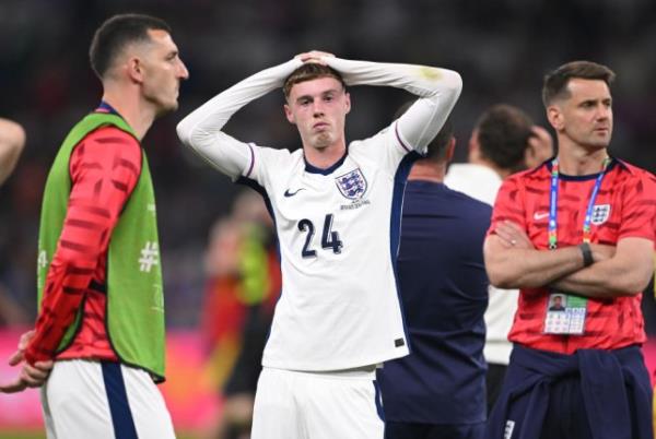 England player Cole Palmer reacts dejectedly after England had lost 2-1 to Spain during the UEFA EURO 2024 final match